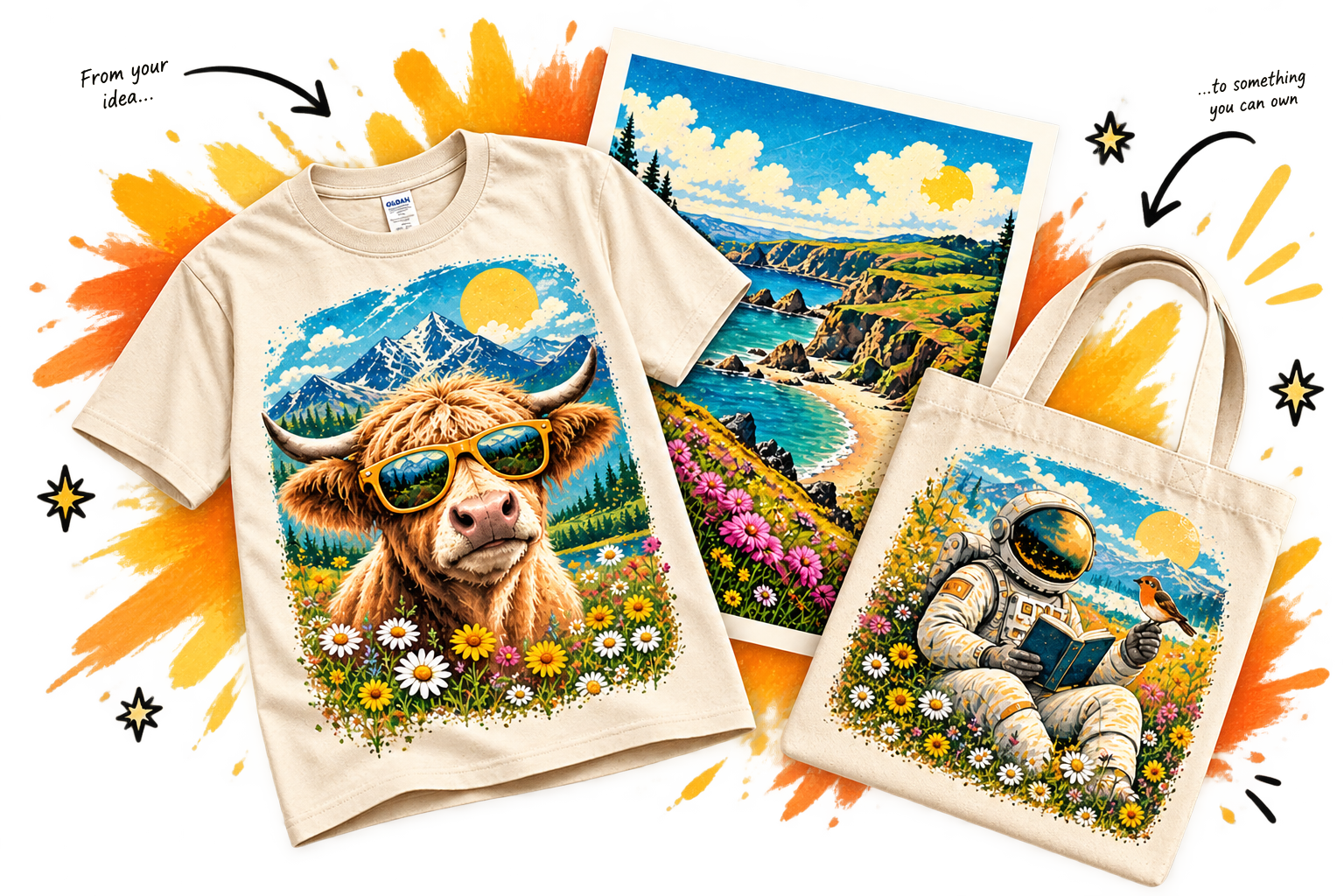 Artwork printed on a T-shirt, a tote bag and a wall print